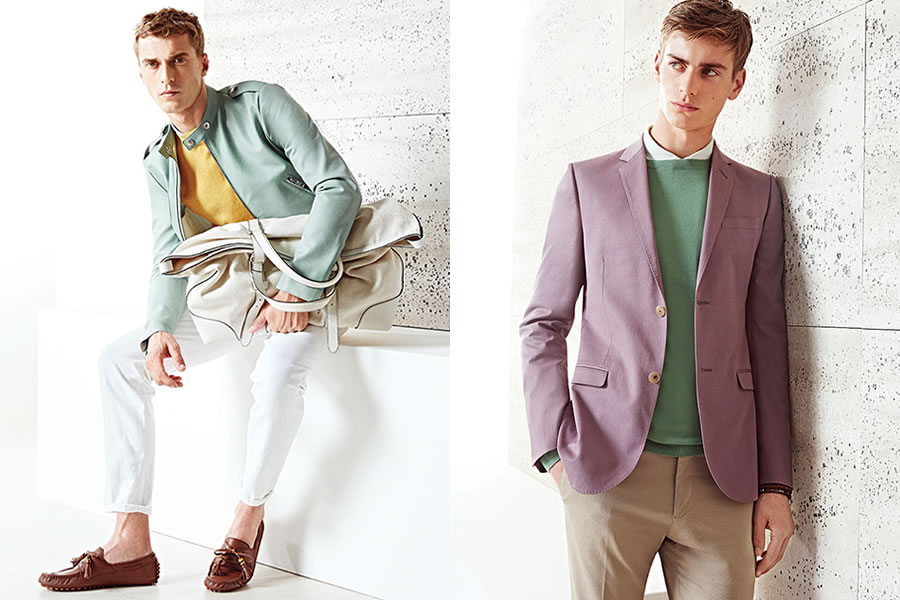 Gucci Cruise在2015的男装型录，表现的是极简的设计与清新的色彩。马卡龙色的搭配，体现着年轻男士的青春。宽条纹与窄条纹的针织衫作为内搭，是本季男装的另一个特色。条纹是青春的代表，展示着随意轻松的风格。