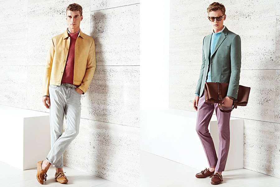 Gucci Cruise在2015的男装型录，表现的是极简的设计与清新的色彩。马卡龙色的搭配，体现着年轻男士的青春。宽条纹与窄条纹的针织衫作为内搭，是本季男装的另一个特色。条纹是青春的代表，展示着随意轻松的风格。