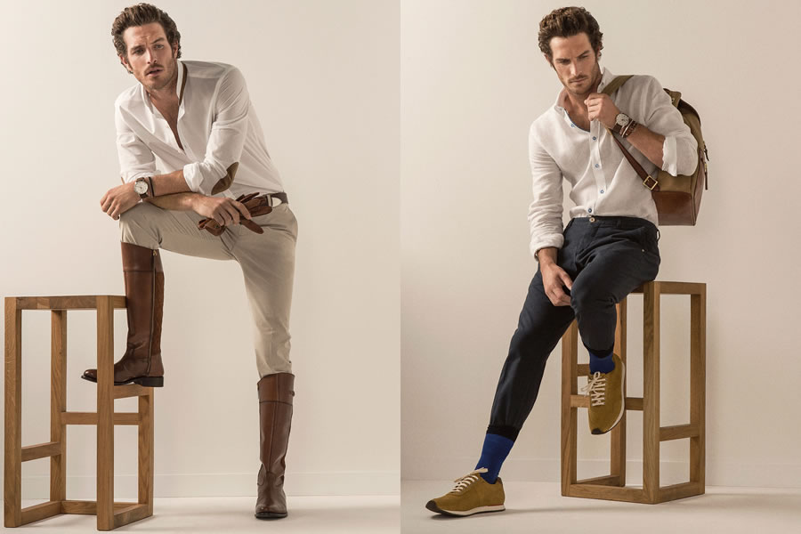 Massimo Dutti的悠闲中透露着魅力，是最让人着迷的。高筒的褐色马靴，解开两粒扣的衬衣，随意挽起的衣袖，都显出一副富家公子的气质。皮带的点缀，更显得人挺拔。