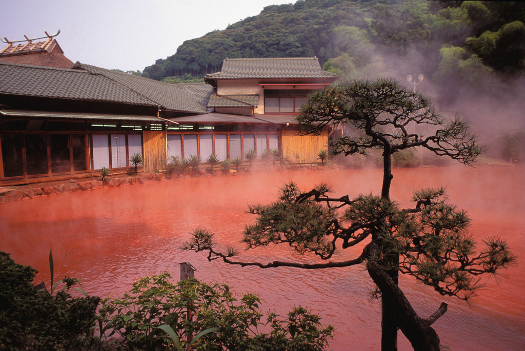 血池温泉(Blood Pond Hot Spring)是日本别府知名的“地狱” (日本语为jigoku，指十八层地狱)温泉，其壮观的景象使得慕名前来的人们驻足欣赏，忘记此处乃是洗浴场所，从图上不难发现它的奇特之处，那就是泛着血红色的泉水，好似想象中地狱的景象，而这种红色全得益于水体中富含的铁元素，血池地狱早在8世纪就以“赤汤泉”闻名。它富含酸化铁，好似一池翻滚的血浆，夹杂着巨大的轰鸣声，被日本佛教徒认为是来自幽冥地狱中的激流。利用血池地狱的温泉制成的血池软膏可以治疗脚气，在日本很受欢迎。
