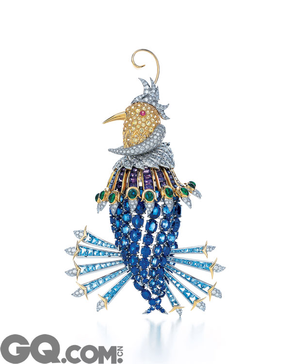 “天堂鸟”（Oiseau de Paradis）胸针，镶嵌黄色绿柱石、紫水晶、祖母绿和蓝宝石
让•史隆伯杰为蒂芙尼专属设计
