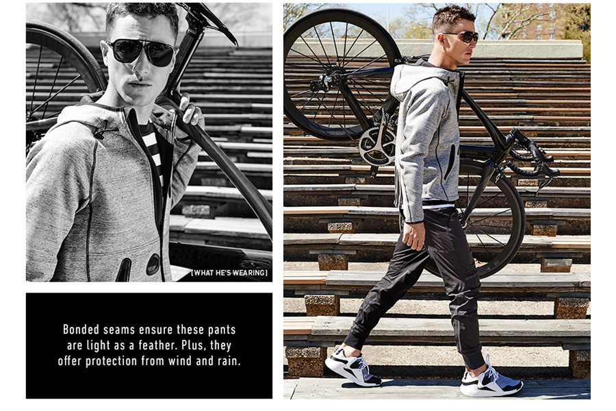 Y-3本季推出了运动系列男装，携手自行车手Jeremy Santucci体验最新服装，型录拍摄充满活力。服装为专业运动而设计，考虑到减小空气流动的阻力的线条设计，透气的面料穿着体验非常舒适，同时还考虑到实用性，为短裤设计了可拆卸的拉链口袋，可以装钥匙与手机。