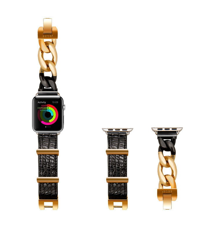 为配合Apple Watch本身的设计，将黑色和金银色巧妙混合的不锈钢扣带和鳄鱼纹皮革表带相互融合。