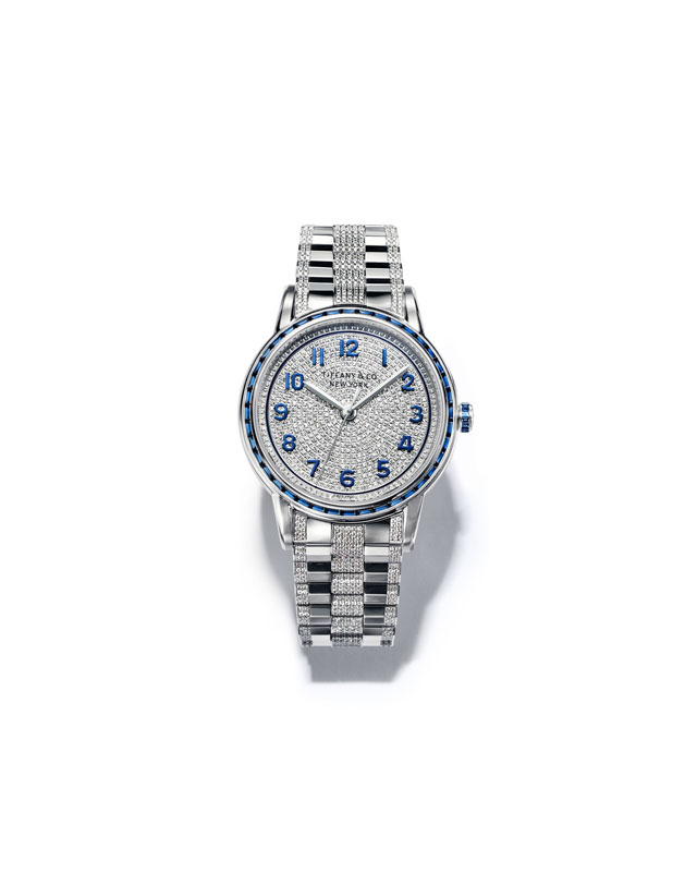 Tiffany CT60系列腕表，大三针表款，18k白金镶嵌钻石和蓝宝石表盘，不锈钢表带
