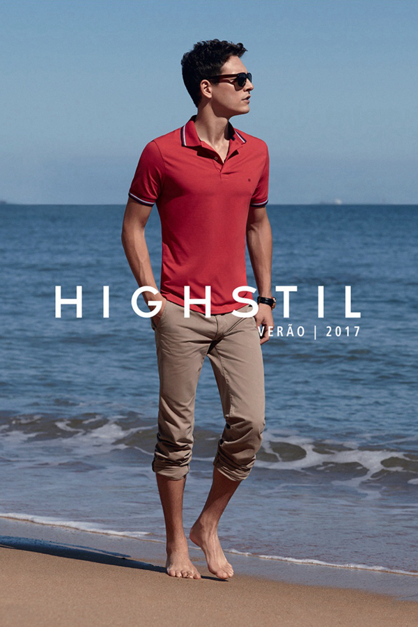 Highstil本季邀请到巴西男模Alexandre Cunha，在洒满阳光的海边沙滩上拍摄了2017春夏广告大片，同时推出了休闲与正装系列。既有色彩艳丽的POLO衫与印花短裤，也有椰影下的灰色西装，优雅而梦幻。