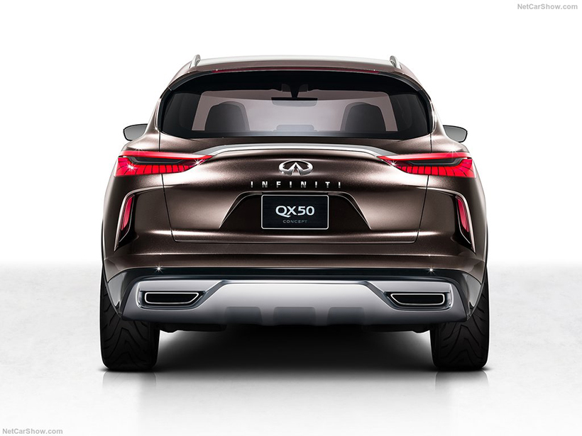 尾部方面，QX50概念车则变化明显，两尾灯之间贯穿着一条镀铬饰条，同时尾门更加贴近量产化了。