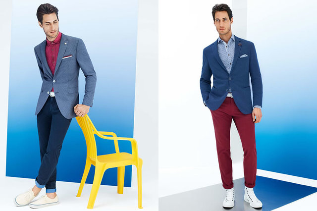 德国男装品牌Digel追求个性与创意。本季推出了蓝、棕色系的经典色西装，但搭配了红、粉、绿等鲜艳的色彩的针织衫，口袋方巾的点缀也恰到好处，显得青春、风格轻松自然。