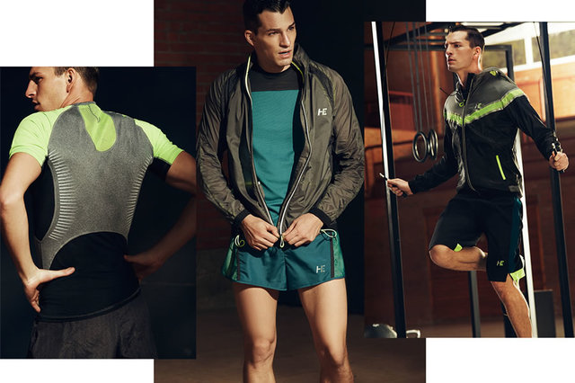 Mango本季推出了男士运动系列服装，主要以凸显运动男士的身材曲线为主题，军绿色与蓝色都是运动主题色，同时也是健身男士的喜爱色，肌肉的轮廓更好地赋予了服装以完美线条，令简单的服装更具特色。