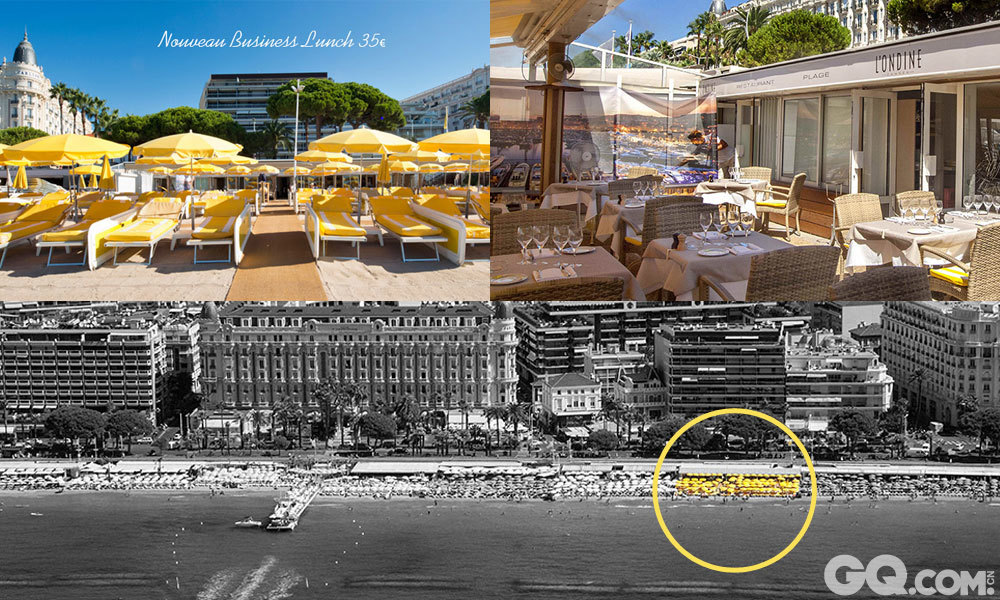 戛纳最好的餐馆之一昂地那（Ondine），就位于卡尔顿酒店前的海滩上。在一排排金黄色的躺椅和遮阳伞后，美味又不贵的高档菜肴正在等着你；吃完之后，你可以到躺椅上吹吹海风，彻底放松。