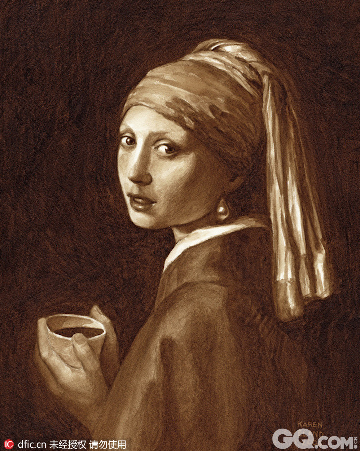 艺术家Karen Eland来自美国俄勒冈州，她创意地将自己喜爱的艺术与咖啡相结合，对经典名画进行再创作。约10年前，一次Karen正坐在一家咖啡厅里品茗咖啡，将艺术与咖啡相结合创作的点子就突然灵光乍现在自己的脑海里。
她注意到咖啡的颜色和她作画是用到的阴影非常相似。
自那以后Karen开始浓黑咖啡创作了无数的经典画作。她也总是想法设法在她的画作中植入咖啡，像是蒙娜丽莎手持咖啡杯。她创作的作品也总是会取一些与咖啡相关的名字，像是“蒙娜丽莎成为蒙娜拉铁”（Mona Lisa becomes Mona Latte）。