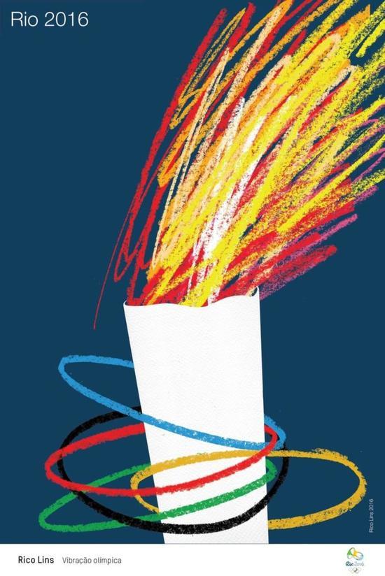以奥运五环、火炬、花环作主角的海报，呈现出粉笔画、剪纸等不同风格，不变的是用明亮的色彩表现巴西特色，烘托奥运盛会的氛围。