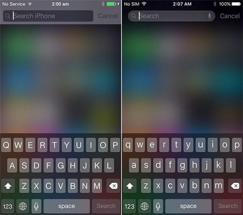 NO.3 Spotlight
iOS 9中，当你在主界面下拉呼出Spotlight后，你会发现新的界面采用了无底色设计，同时还增加了语音控制标识。
