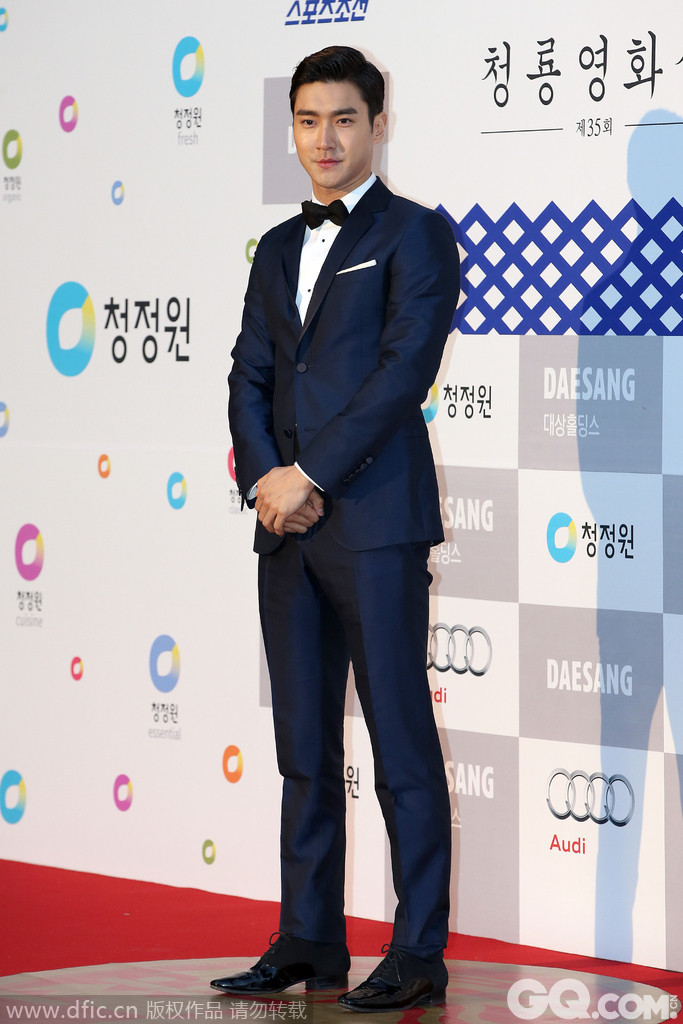 当地时间2014年12月17日，韩国首尔，崔始源出席第35届韩国电影青龙奖红毯。亮蓝礼服与漆面鞋，合格线过之但又不及夸赞，可以作为公司年会模仿的基本范例。