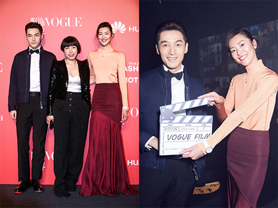 胡歌和刘雯也来到了这次vogue中国11周年的现场,还和主编angelica一起